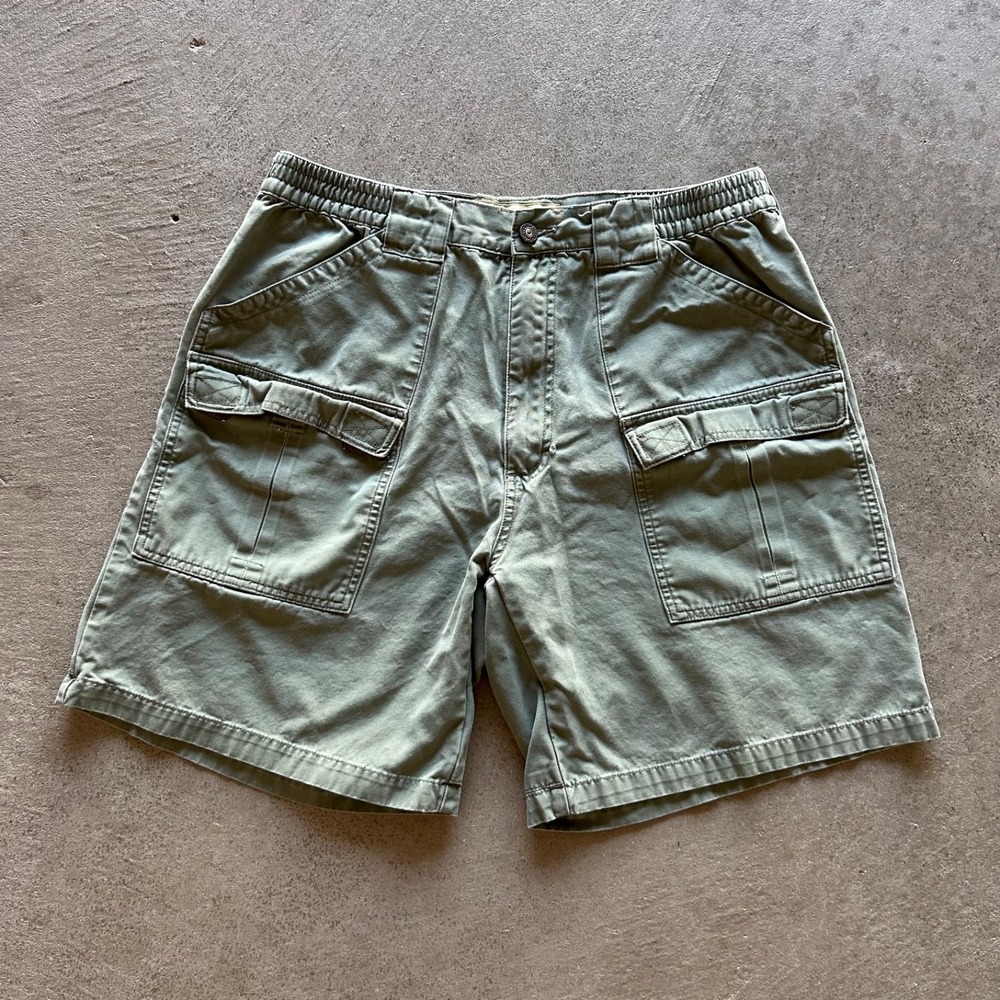 Vintage Cabelas Cargo Shorts Mens 36 Green Faded Canvas Elastic Waist Outdoors